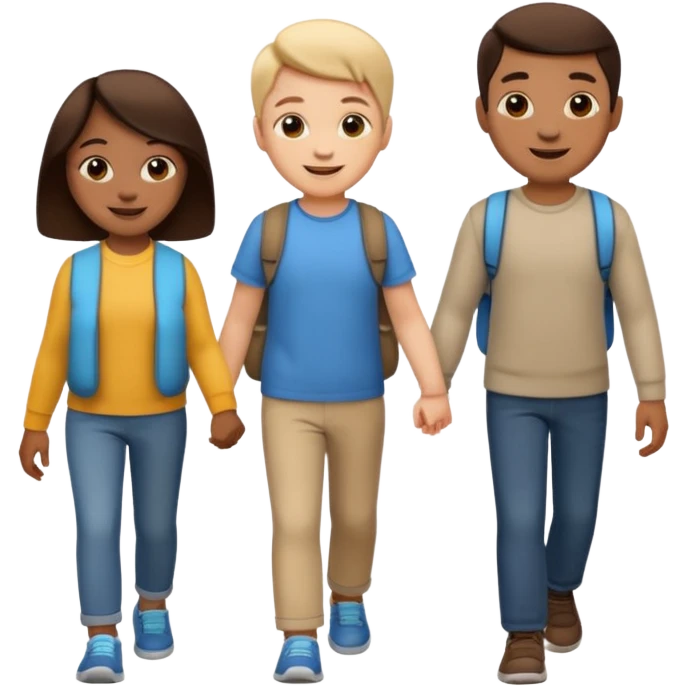 iOS emoji style. 2 friends and a child walking and talking.  emoji