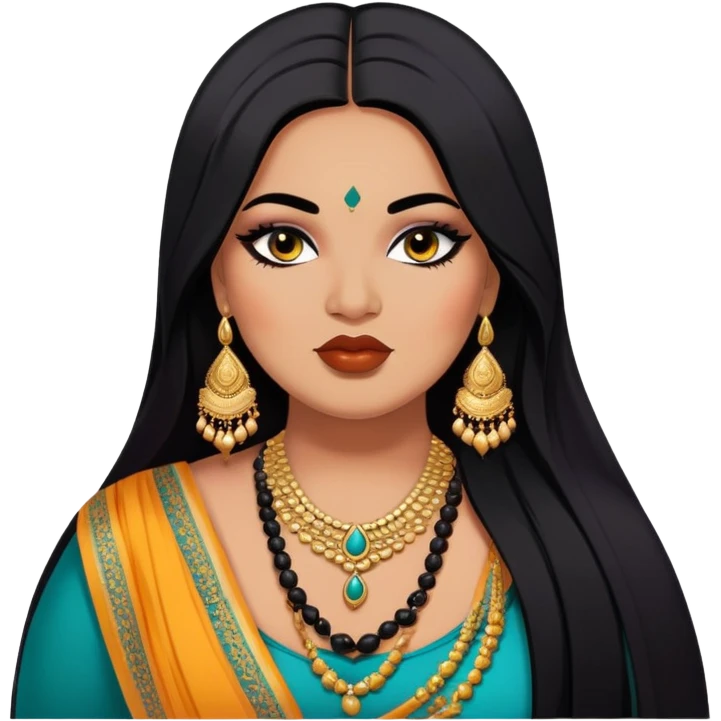 big plus size, medium deep skin, long black hair, baddie,pretty, makeup, lipgloss, black eyeliner, loose dupatta, indian
 emoji
