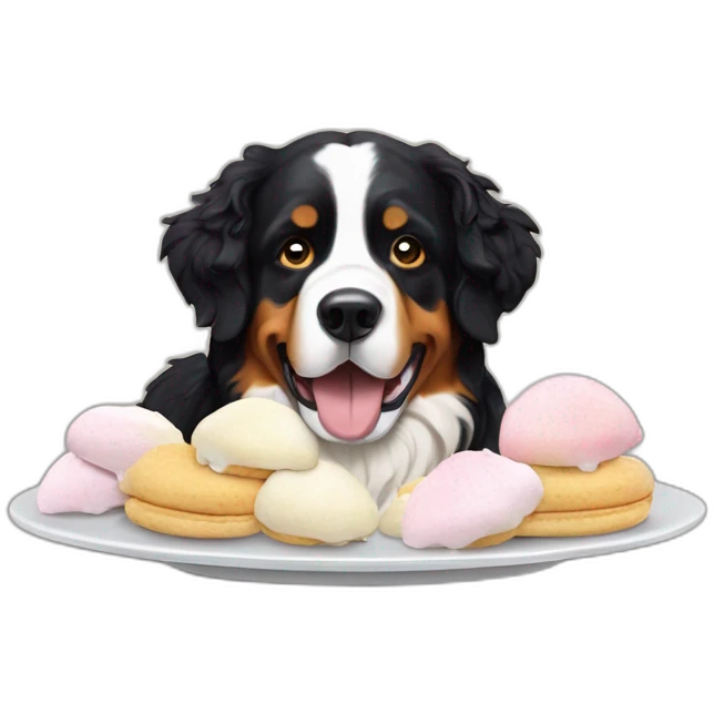 Bernese mountain dog eating meringues and double cream emoji