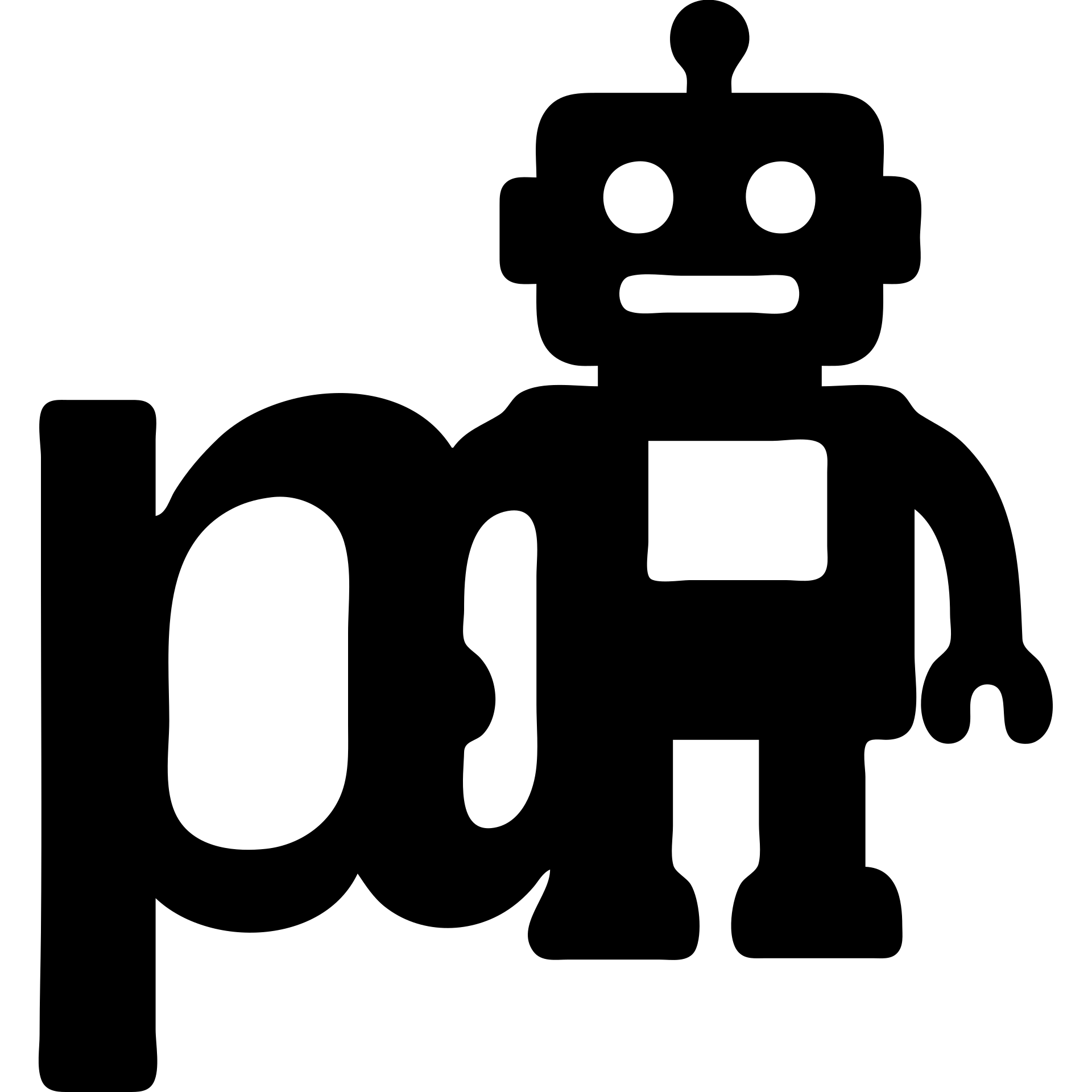 solid icon, blue lowercase mu, toy robot in background, simple and bold emoji
