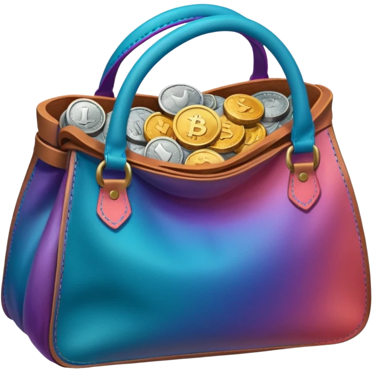 Coins inside brown leather bag, make bag always brown

Change coins color in in gradient of turquoise, blue, pink, purple, and coral emoji