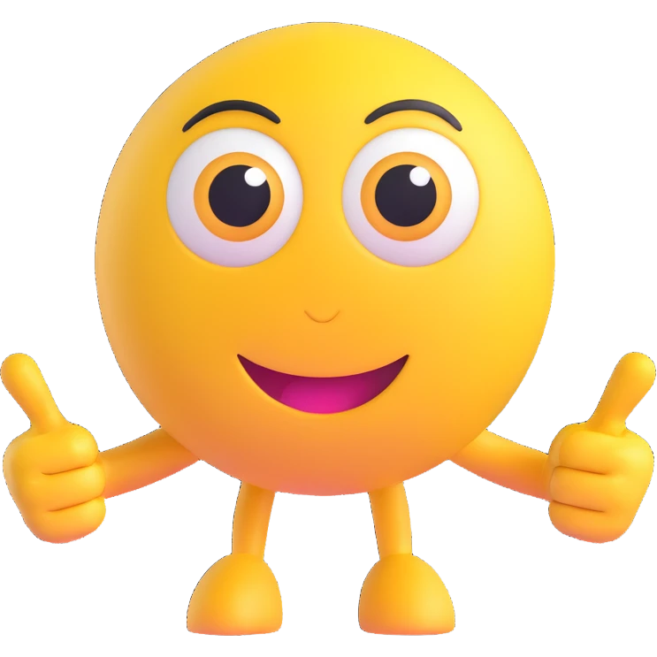 A yellow round emoji character with big eyes and a confident smile, clearly pointing both index fingers at itself. Strong “ME!” expression. Bold cartoon style, isolated on white emoji