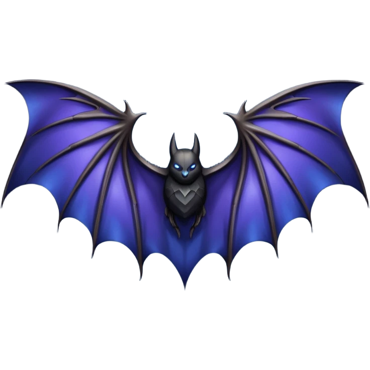 Dark fantasy bat wings, symmetrical, sharp edges, deep black with subtle blue-purple highlights, realistic, high detail, isolated on black background emoji