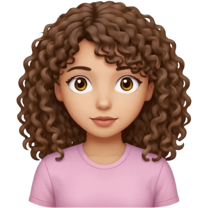A Latina girl with brown eyes and long loose curly hair with curly bangs with a light pink shirt emoji