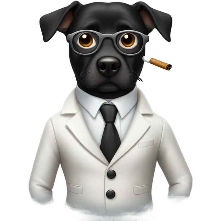 Black Dog wearing white blazer and glasses. He is smoking emoji
