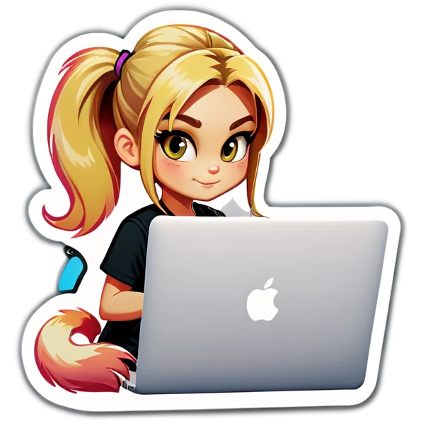 Blonde girl ponytail macBook and a cat emoji