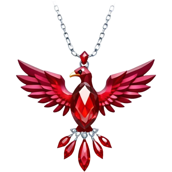 ruby pendant pulsing with cosmic light, like a phoenix’s spark emoji