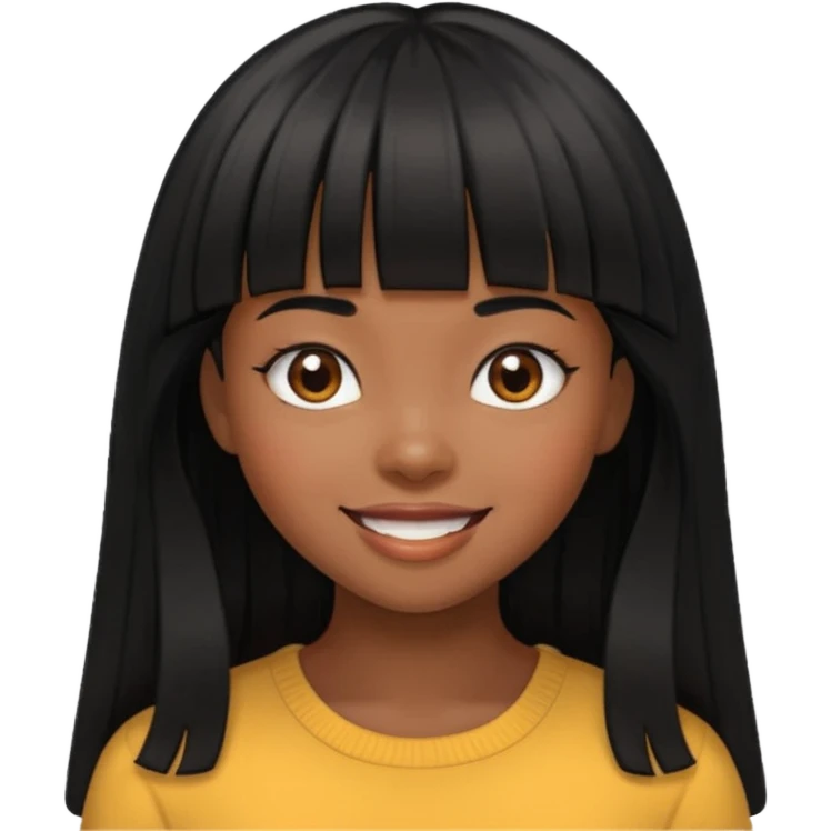 black girl with long black hair with bangs, happy emoji