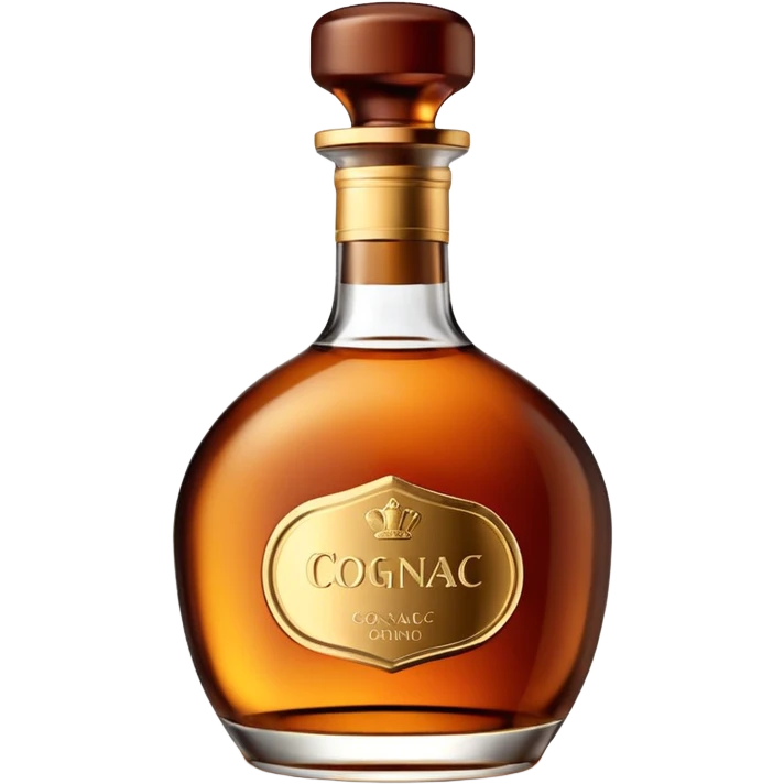 bottle of cognac, small elegant glass bottle with amber-brown liquid, rounded or classic tapered shape, short neck, gold or dark cap, clear slightly reflective glass, rich color of spirit, minimal or blank label, clean 3D look, soft lighting, no glass or extra elements, no faces, emoji scale emoji