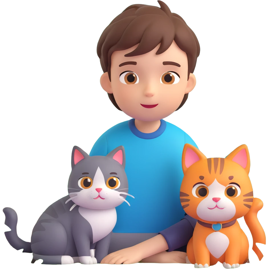 boy and cat pet in forrest background, close up pose emoji