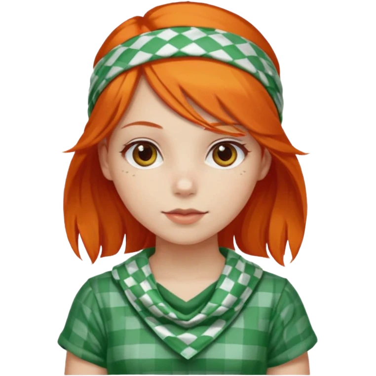 girl orange hair, wear red and white checkered bandana, green dress emoji