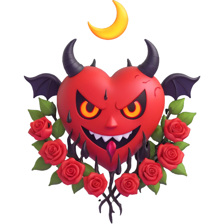 3D emoji devil heart, purple glass, sharp devil horns, pointed tail, glowing eyes, black roses, crescent moon accent, lightning, rain-soaked, cracked glass texture, blood dripping from cracks emoji