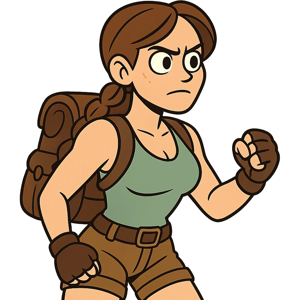 Cartoon explorer woman inspired by Lara Croft, with backpack, gloves, brown hair in braid, determined look emoji