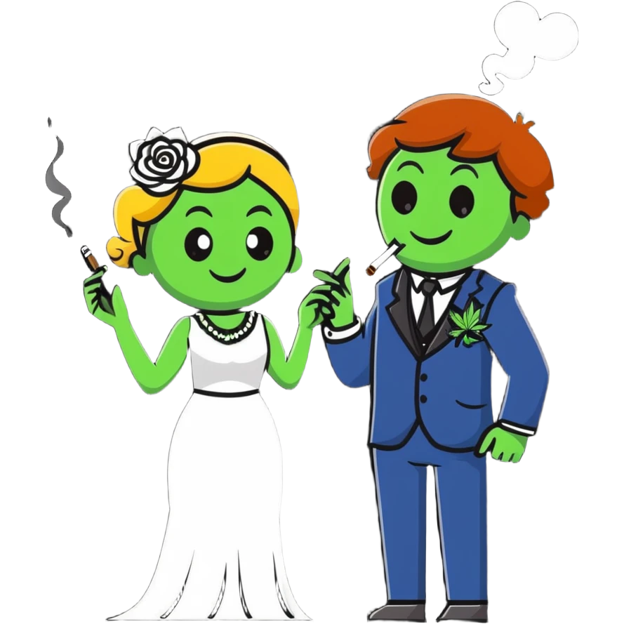Full body view of person in fancy clothes sneaking into a wedding ceremony with a mischievous grin, uninvited guest, smoking cannabis emoji