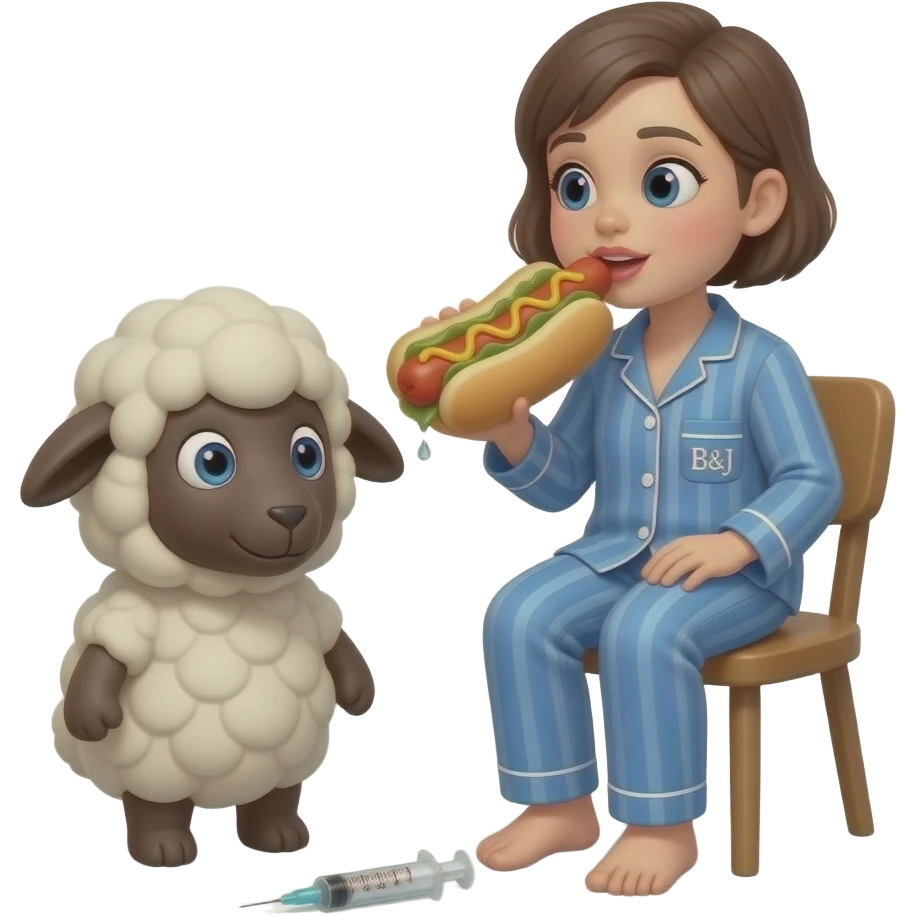 sheep plush on its knees eating sucking a hotdog in its mouth with big wet squishy big puffy filler Botox lips with a syringe on the floor with no teeth with a person with brown short hair and blue B&J Pajamas sits on a chair watching emoji