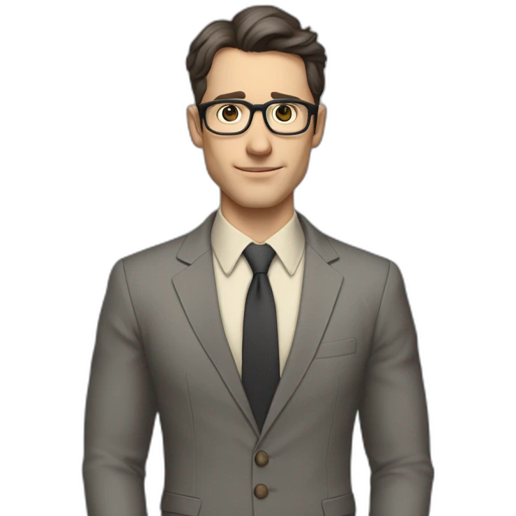 Full height Pale skinned Fit Man With dark brown hair in classic gray suit, beige office shirt, dark gray tie, and vintage glasses. Thrumbs of his palms directed up emoji