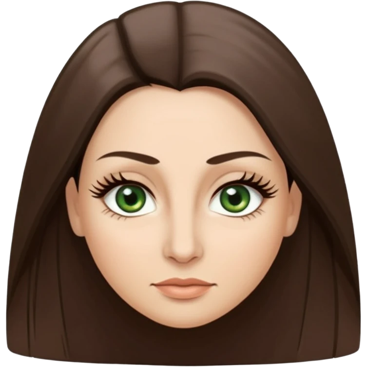 40 year old Adult woman avatar, light skin tone, oval face, long straight ashy brown hair, green almond-shaped eyes with dramatic eyelashes and minimal eyeliner, neutral mouth, medium straight eyebrows, small nose, smooth skin emoji