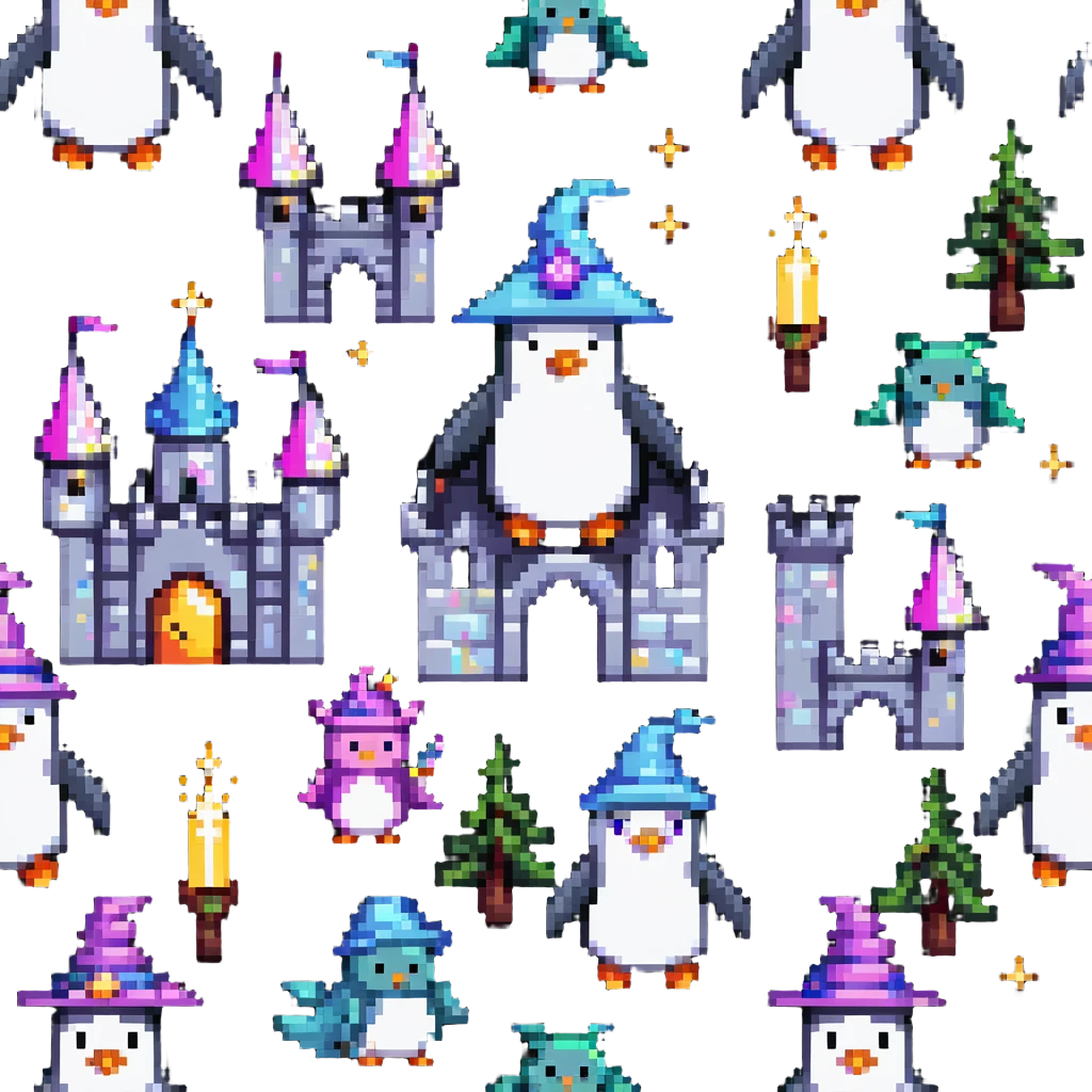 penguin wizard with magical sparkles, a unicorn, fairy, and tiny goblin companion in a pixelated fantasy world with a castle emoji