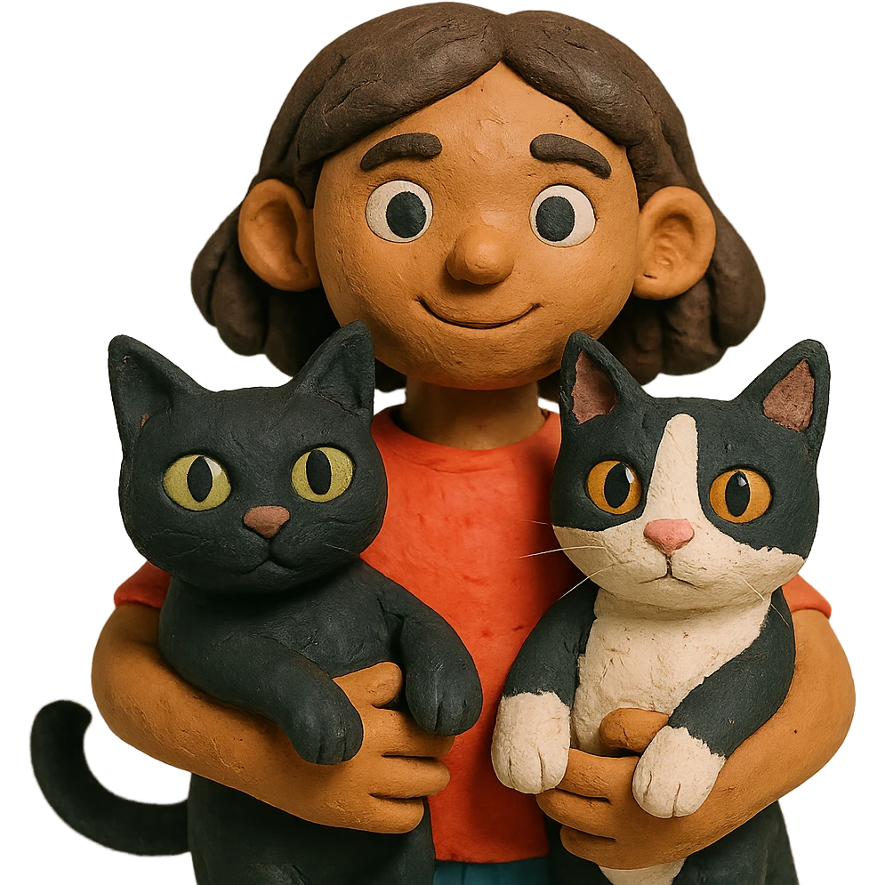 brown haired girl with light tan skin and brown eyes holding a black Bombay cat with green eyes and a black and white Tuxedo cat with hazel eyes emoji