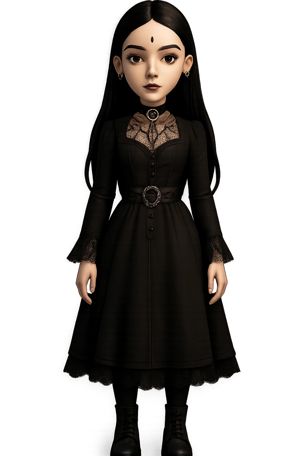 Make the woman more attractive with facial piercings, remove her fringe, dress her in gothic clothing, keep her pale skin and long straight black hair, standing still, with no background. emoji