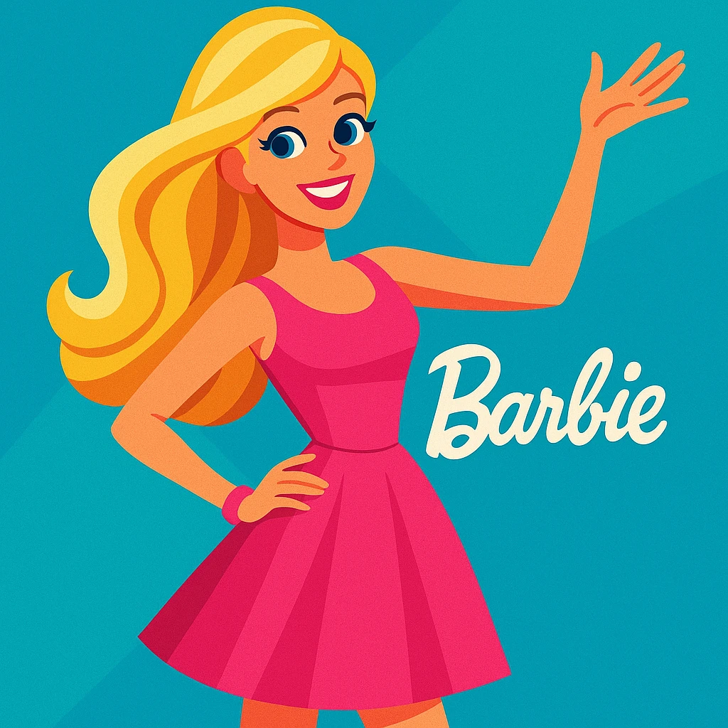 Barbie, classic doll with blonde hair, pink dress, cheerful expression, in a playful pose, vibrant colors, modern cartoon style emoji