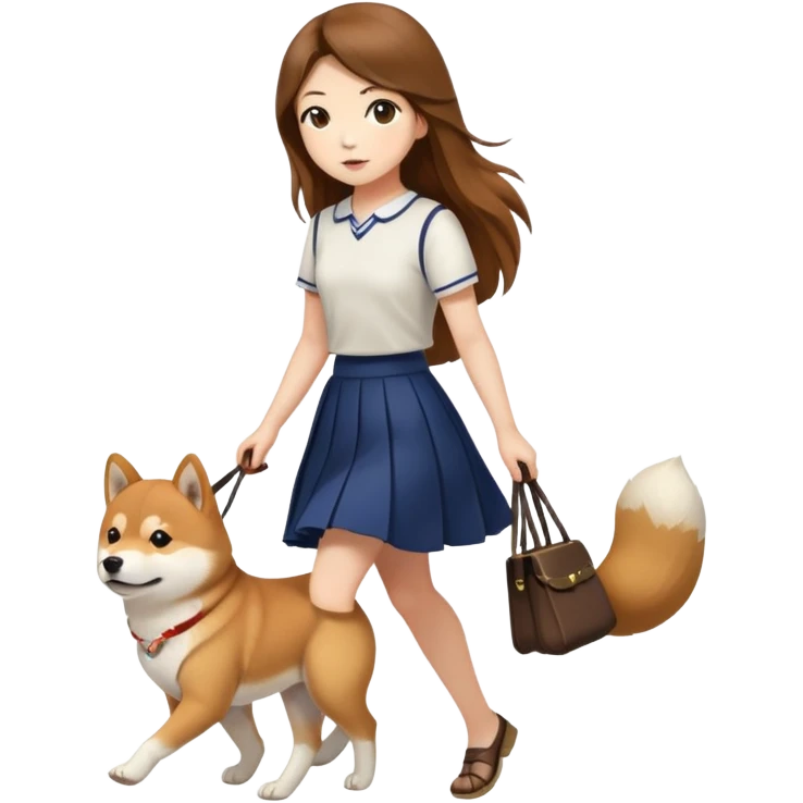 A girl with long brown hair and a skirt walking a Shiba Inu emoji