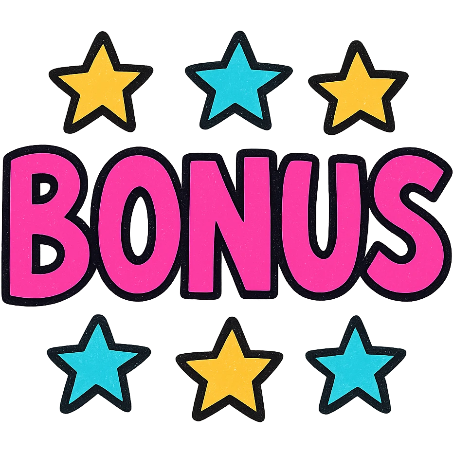 the word BONUS in large letters, all the same bright color, surrounded by stars, no background or sign behind, just the letters and stars, colorful style emoji