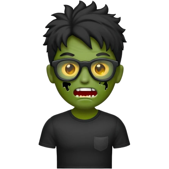 Crie um zumbi estilo emoji do iPhone com cabelo ondulado masculino com camiseta preta e óculos de grau preto emoji