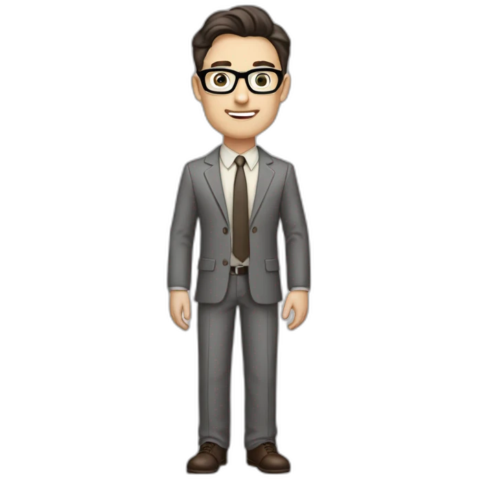Full height Pale skinned Fit Man With dark brown hair in classic gray suit, beige office shirt, dark gray tie, and vintage glasses. His hands lock emoji