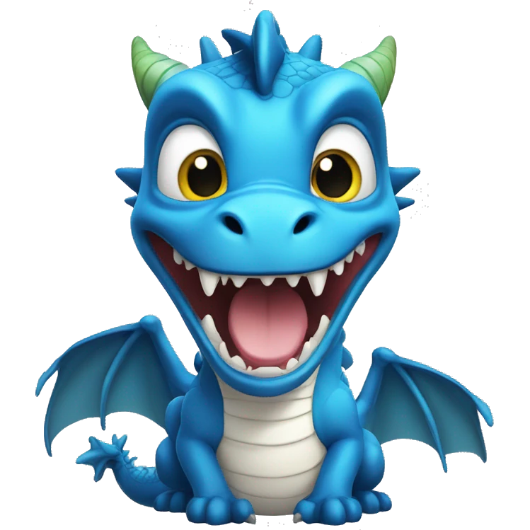 A blue dragon in a white T-shirt with huge eyes, opening his mouth in surprise emoji