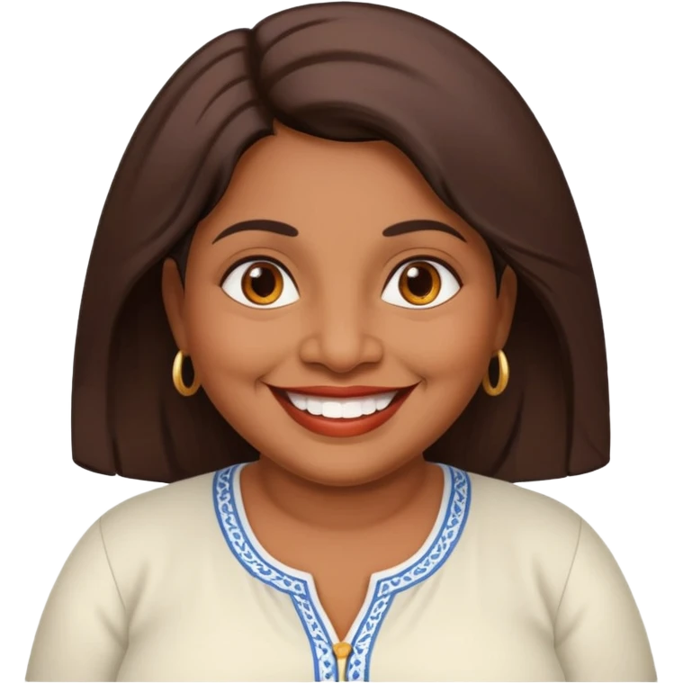 50 yr old chubby Sri Lankan woman, dark skin, straight brown hair, big smile, white teeth, european clothes, hair emoji