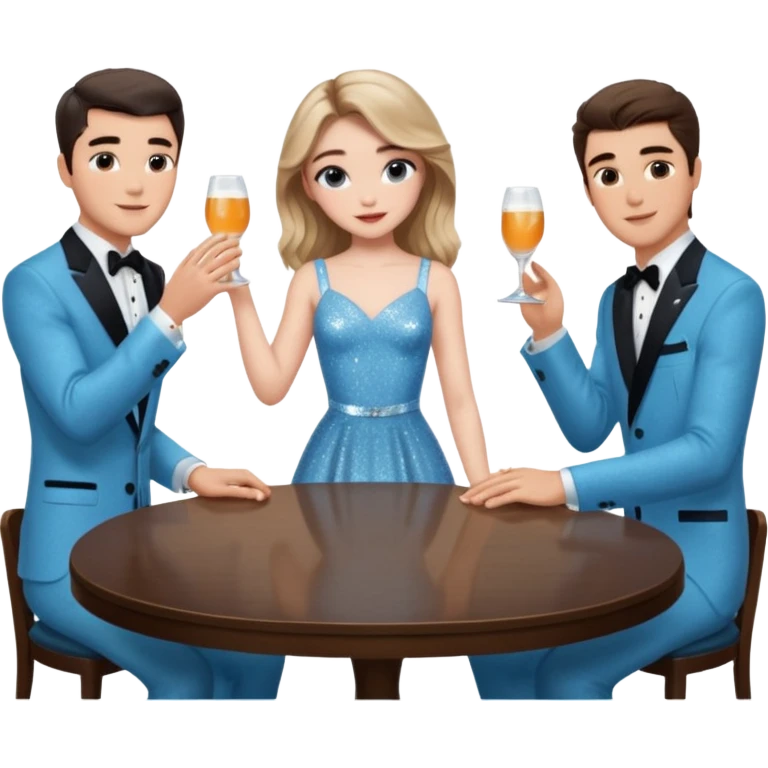 Sabrina’s carpenter in a light blue sparkly dress at a table with 3 handsome men facing each other and she is standing up putting her hand out. There are drinks on the table  emoji