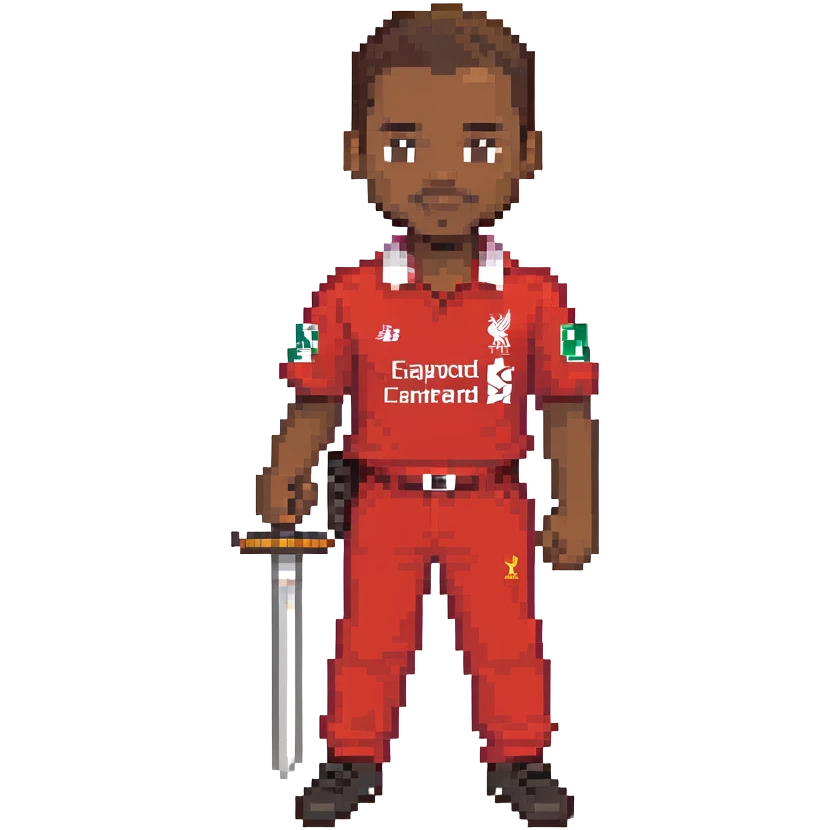 A black man holding a sword, wearing a Liverpool FC shirt and trousers emoji
