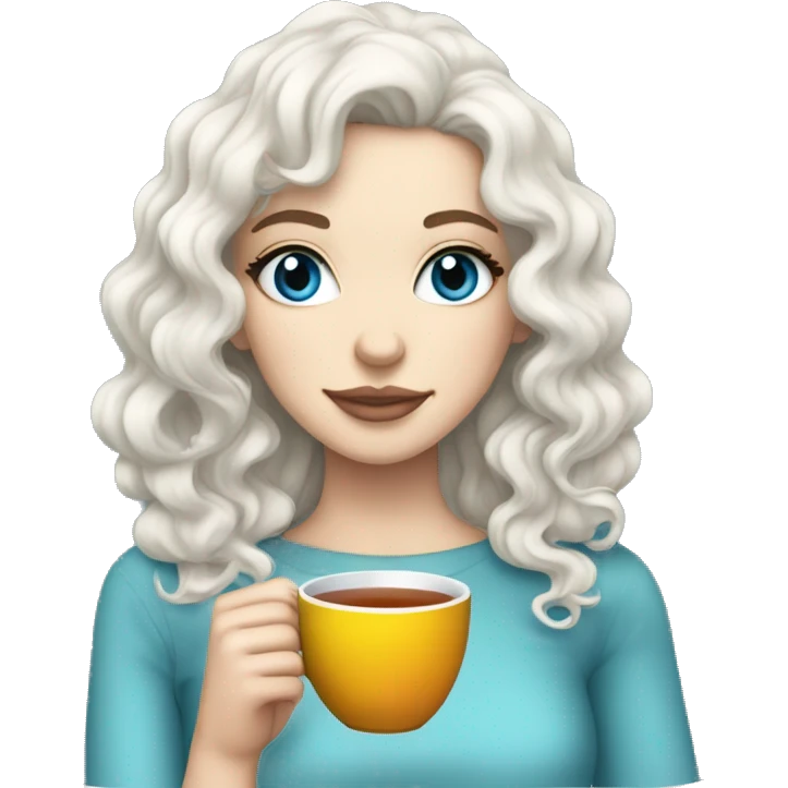 White Girl black curly hair blue eyes sipping tea emoji