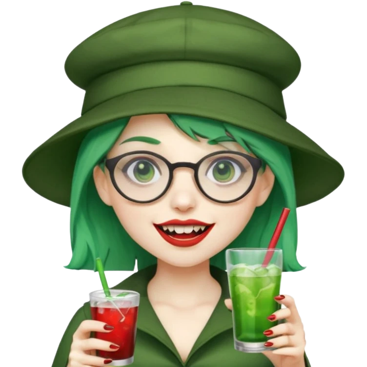vampire green hair Drink holders with hat, wearing glasses, female,,teeth looks like vampire emoji