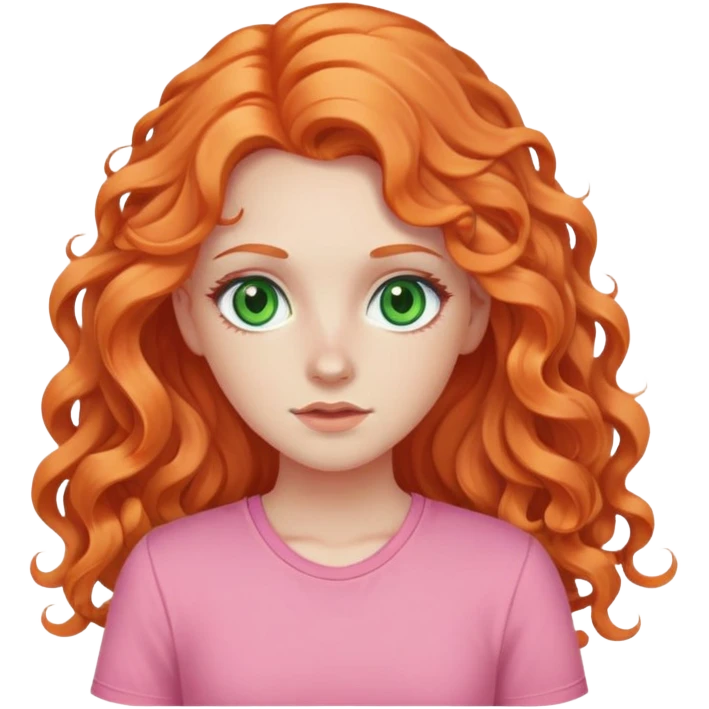 white pale girl with long curly orange hair, green eyes, pink shirt emoji