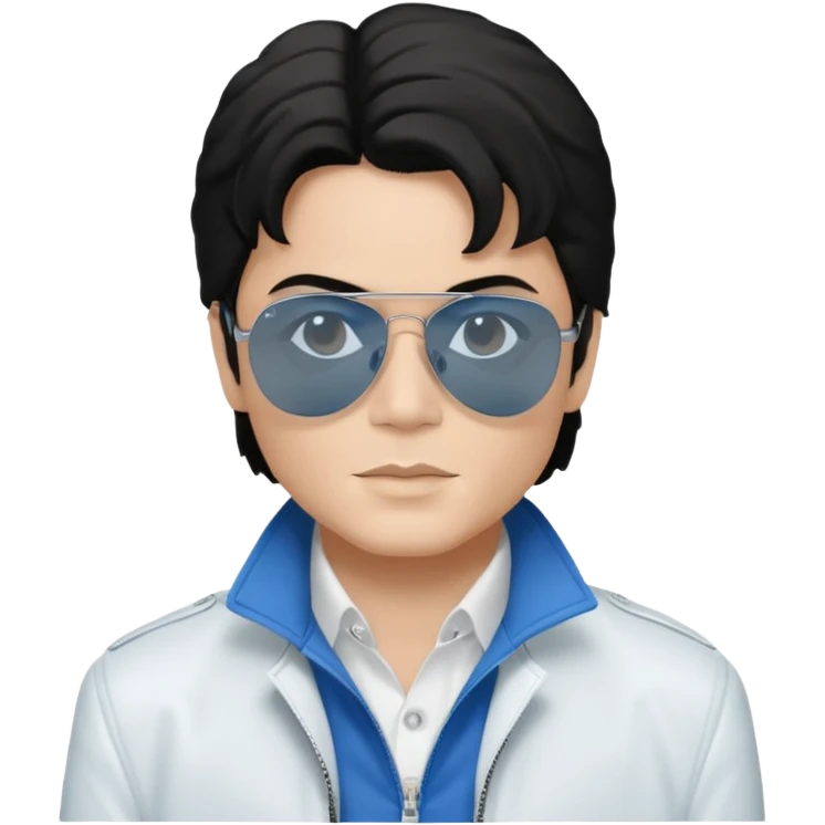 Michael Jackson is white, wearing completely black smokey Ray-Ban glasses, a white jacket, and a blue shirt. emoji