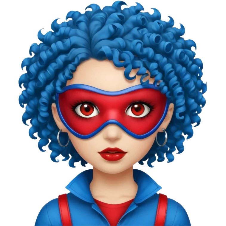 blue curly haired girl with huge earrings, wearing red paintball eye mask , only face  emoji