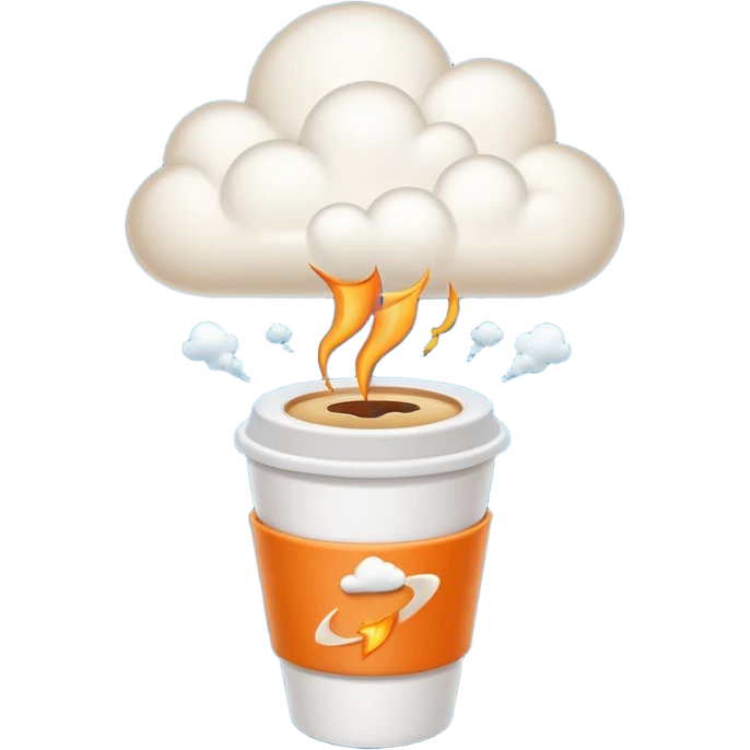 Emoji-style sticker of a takeaway coffee cup with rocket thrusters launching, steam forming a tiny cloud, playful but minimal, bold outline, soft shadows, flat 2.5D, glowing exhaust, transparent background, no text, high-res. emoji