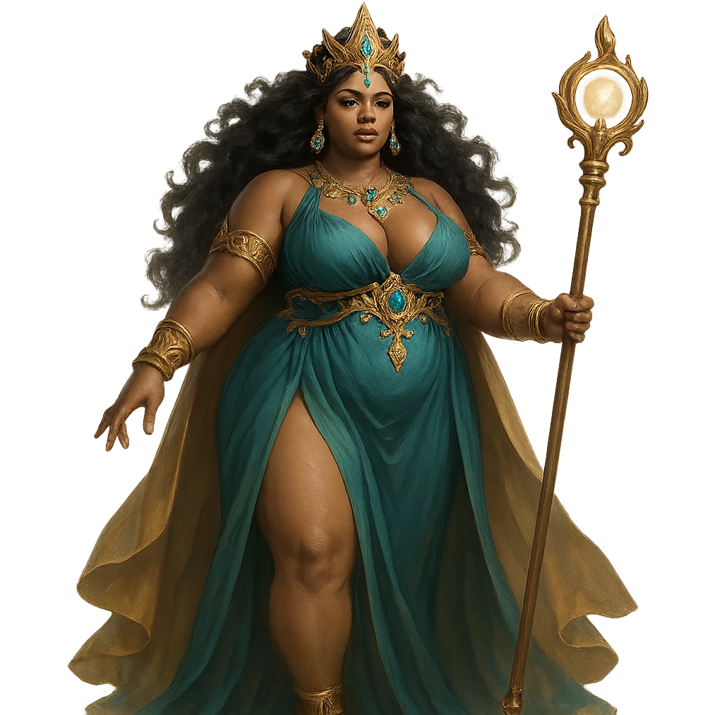 a magical goddess queen, voluptuous, with a staff and ornate jewelry, powerful and graceful emoji