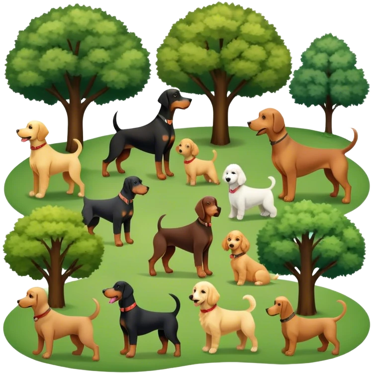 Collage of various dog breeds like Doberman, Poodle, Dachshund, and Golden Retriever, playing in a park with trees and grass. Some dogs run, others sit, all are full of energy and happiness. A joyful, colorful scene with playful expressions. Transparent background. emoji
