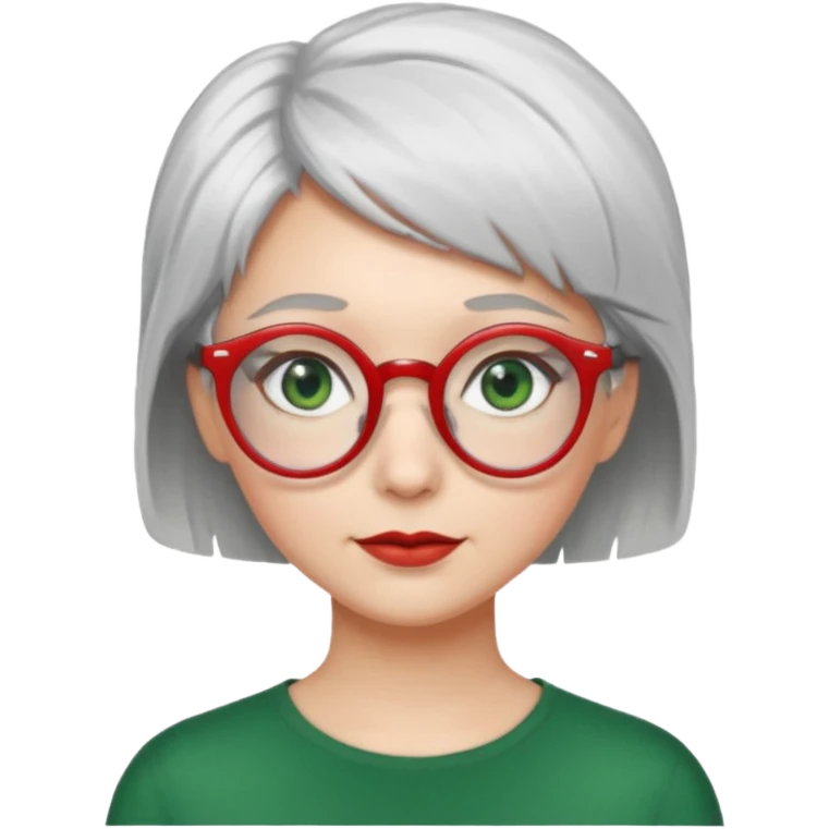 visage femme a lunettes fine ronde rouge avec cheveux courts gris-blancs aux yeux verts emoji