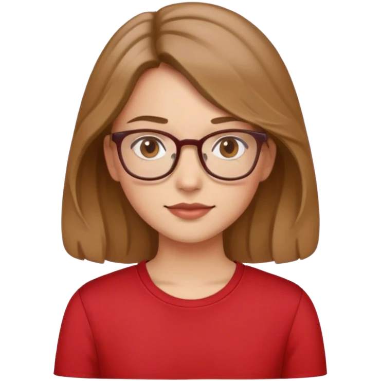 Girl with slighly wavy light brown hair, brown eyes and glasses, red shirt emoji