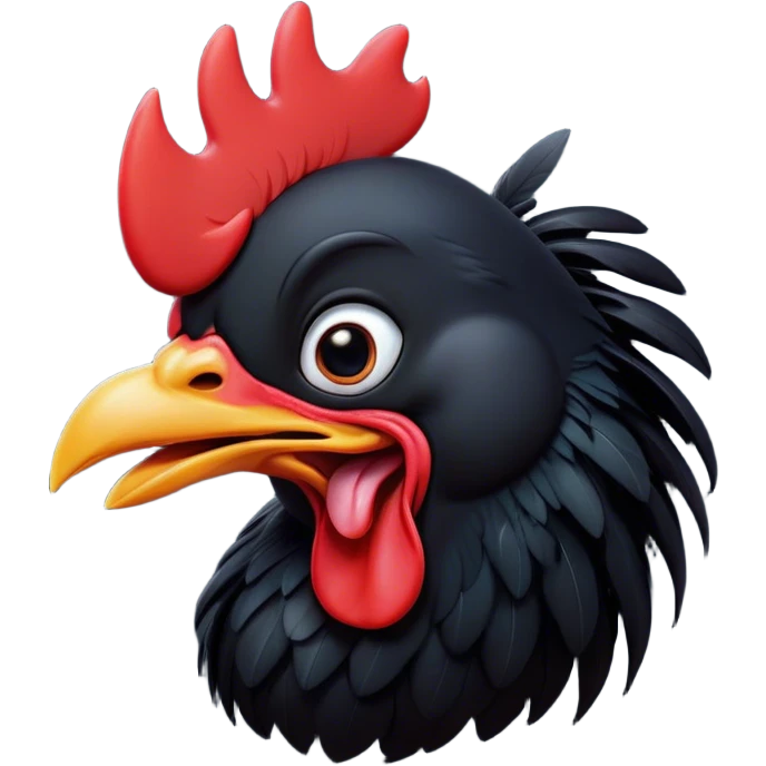 Cinematic Cute Yawning Black Rooster Portrait Emoji, Head tilted slightly with a dramatic, wide-open yawn, showcasing a soft, downy black plumage with a crisp red comb and drooping wings, round eyes barely open in drowsy contentment, Simplified yet irresistibly adorable features, highly detailed, glowing with a soft, cozy glow, high shine, relaxed yet expressive, stylized with a touch of whimsy, bright and endearing, soft glowing outline, capturing the essence of a sleepy yet affectionate rooster, so drowsy it feels like it could stretch out of the screen and curl up for a nap! emoji