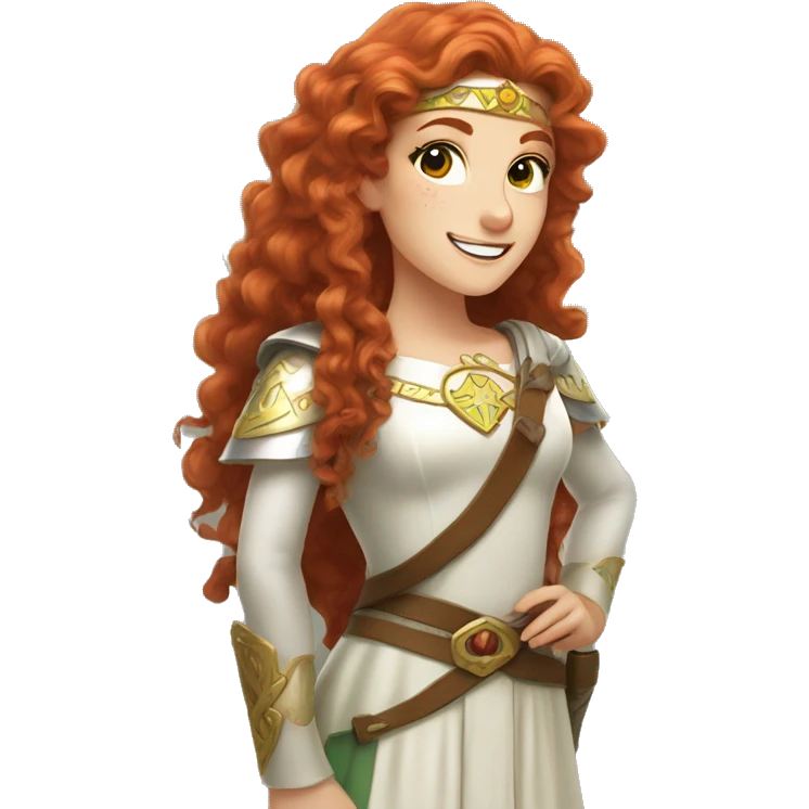 a white girl with long red curly hair and freckles, cosplaying Princess Zelda posing and smiling emoji