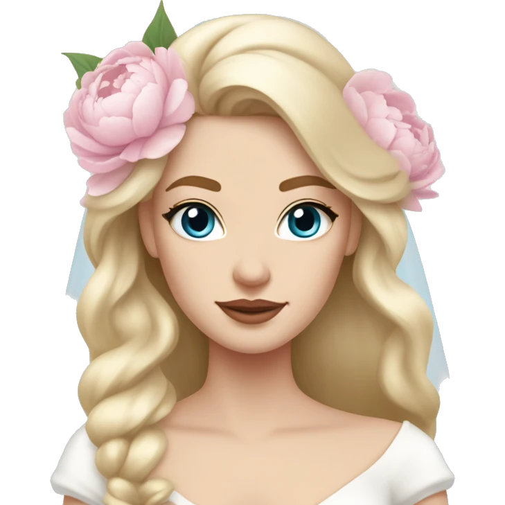 White bride with long light blonde hair and blue eyes with light pink peonies in hair white skin  emoji