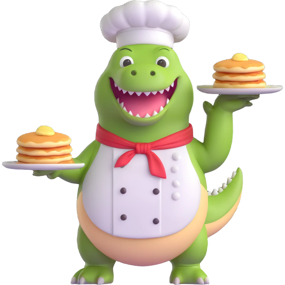chubby dinosaur flipping pancakes, chef outfit, 3d emoji style emoji