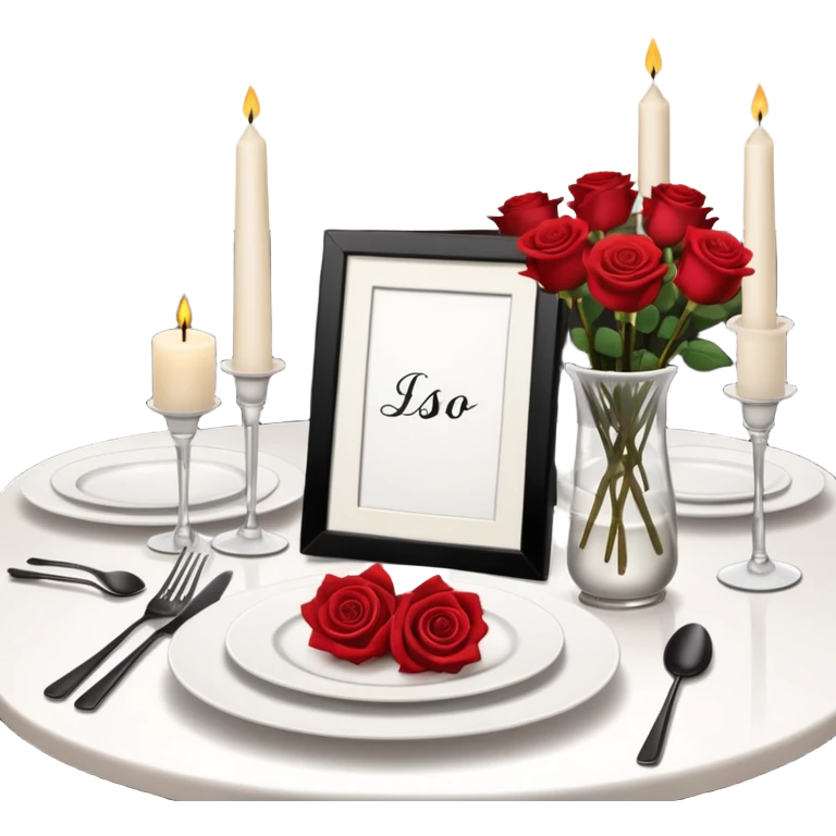 a chic restaurant, on the table there is a set of beautiful white dishes, candles are burning, next to it there is a bouquet of roses emoji