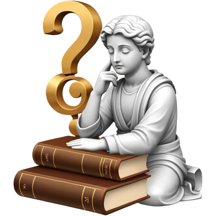 An icon featuring a thinker statue, a scroll, and a question mark, symbolizing philosophy. The design includes books, and abstract symbols representing deep thought and wisdom. Transparent background highlights the study of ideas, logic, and existential questions emoji