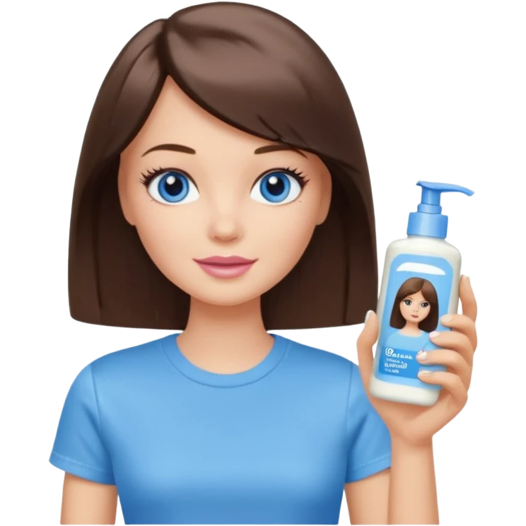 Barbie girl with makeup, blue eyes , and bob long haircut, short brown hair in creamy color T-shirt, holding a facial Wash Cream in her hand emoji